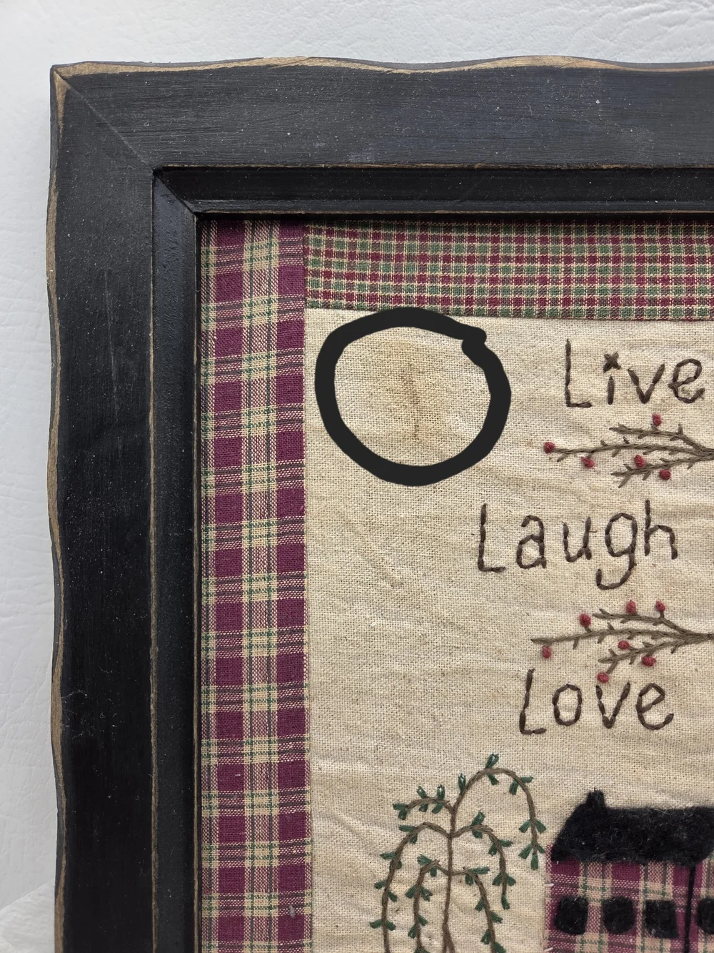 Primitive Style Framed Quilt Block Stitched Saltbox House Willow Tree Checkered.
